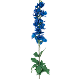 De Kunstbloem Ridderspoor Real Touch donker blauw 90 cm heeft een hoge, enkele steel met levendige donkerblauwe gelaagde bloemen en groene bladeren, tegen een effen witte achtergrond.
