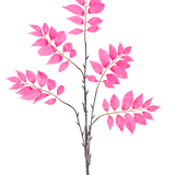 De Kunsttak Varen vertakt 83 cm roze heeft een enkele donkerbruine stengel die zich vertakt in meerdere kleinere stengels, elk versierd met clusters van levendige roze bladeren op een witte achtergrond.