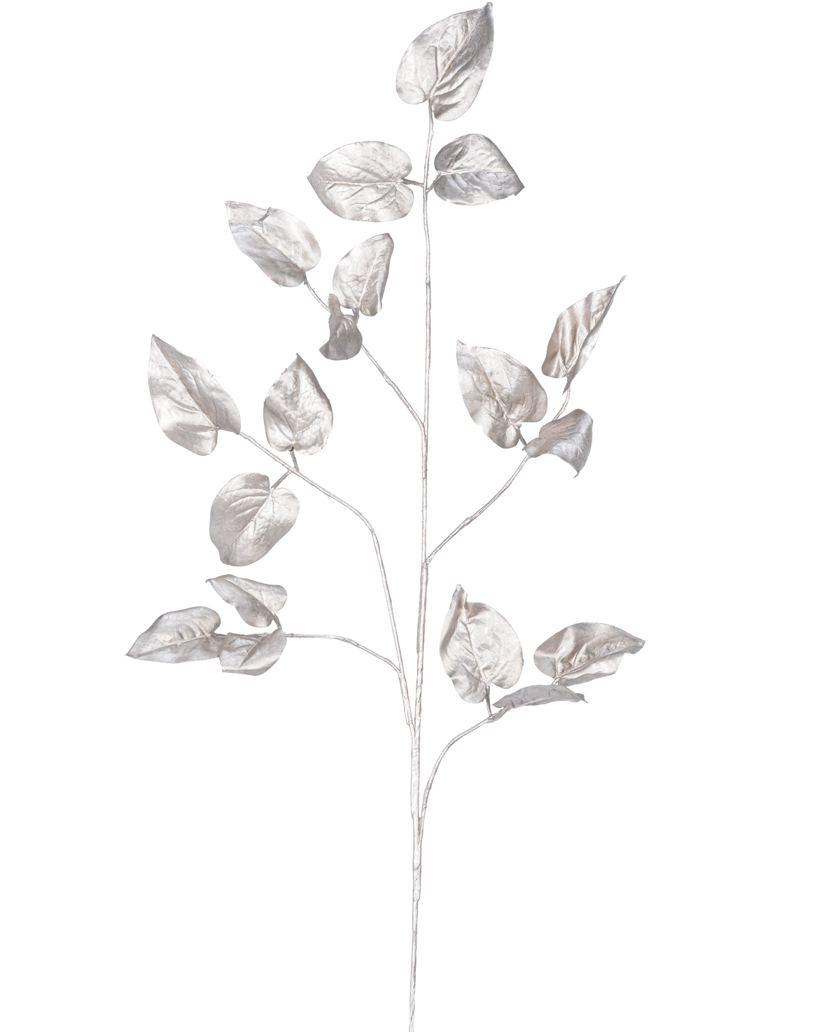 De Kunsttak Salal 90 cm champagne heeft delicate takken met meerdere stelen en ovale bladeren in een glanzende champagne metallic afwerking, tegen een effen witte achtergrond.