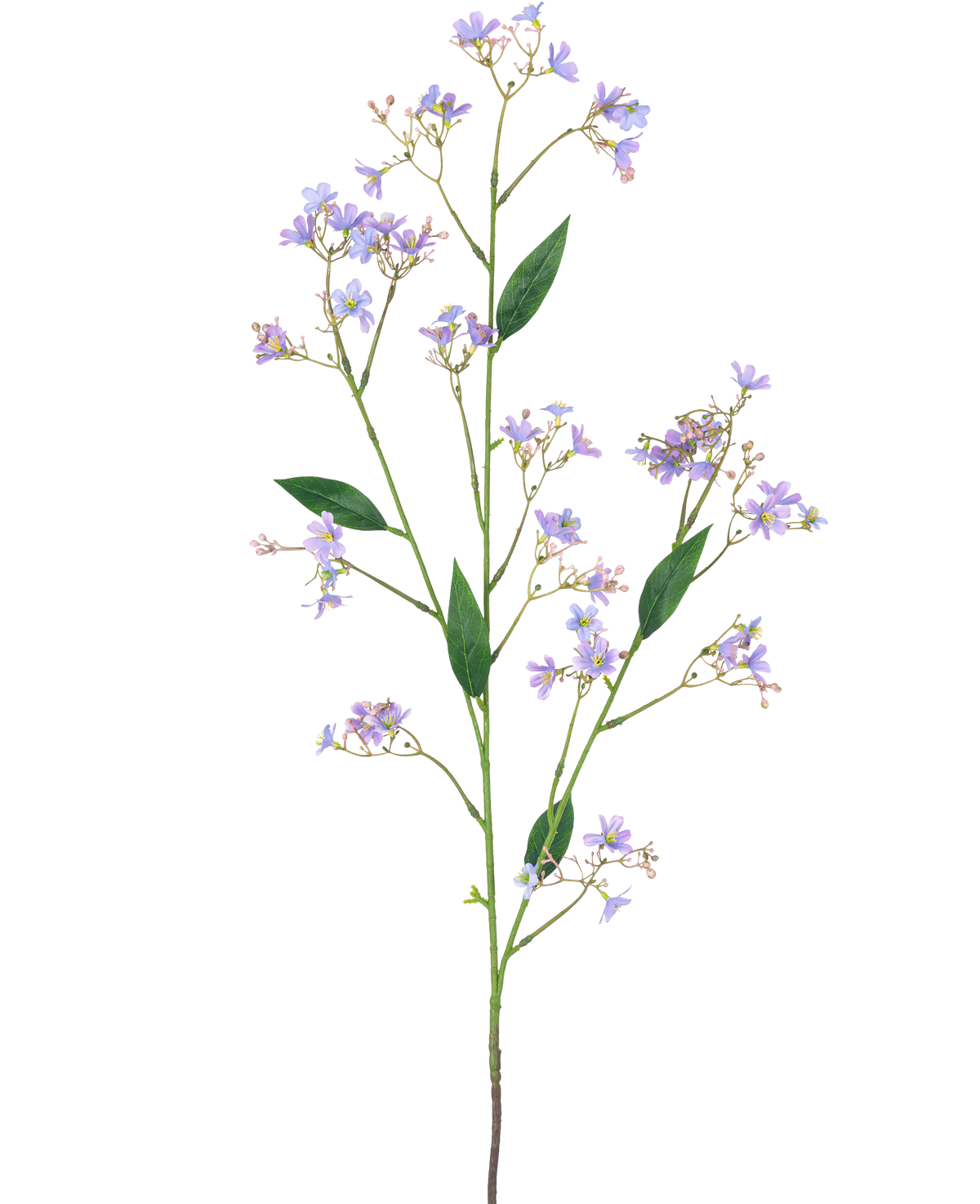 De Kunsttak Daphne Spray 108 cm paars heeft een lange groene stengel met meerdere takken, elk versierd met kleine paarse bloemen en groene bladeren, tegen een effen witte achtergrond.