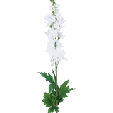 Een Kunstdelphinium Real Touch Wit 90cm met een lange steel met witte ridderspoor bloemen en groene bladeren, geïsoleerd tegen een effen witte achtergrond.