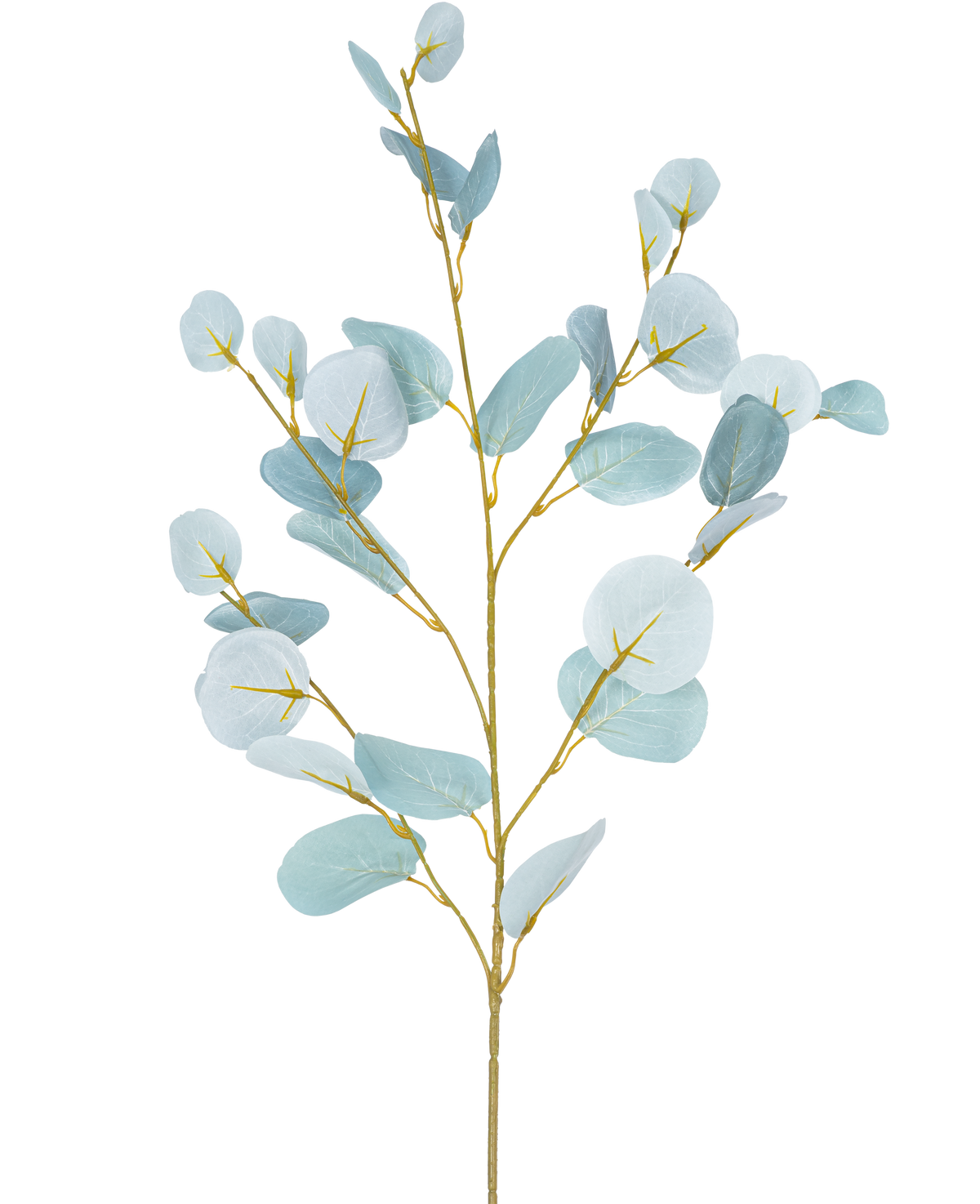 De Kunsttak eucalyptus 84 cm is een enkele kunststengel met meerdere takken, voorzien van ronde, lichtblauwgroene bladeren tegen een effen witte achtergrond.