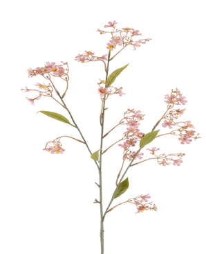 Een enkele stengel van de Kunstbloem Daphne van 108 cm in oudroze, met kleine trossen zachtroze bloemen en enkele groene blaadjes tegen een witte achtergrond.