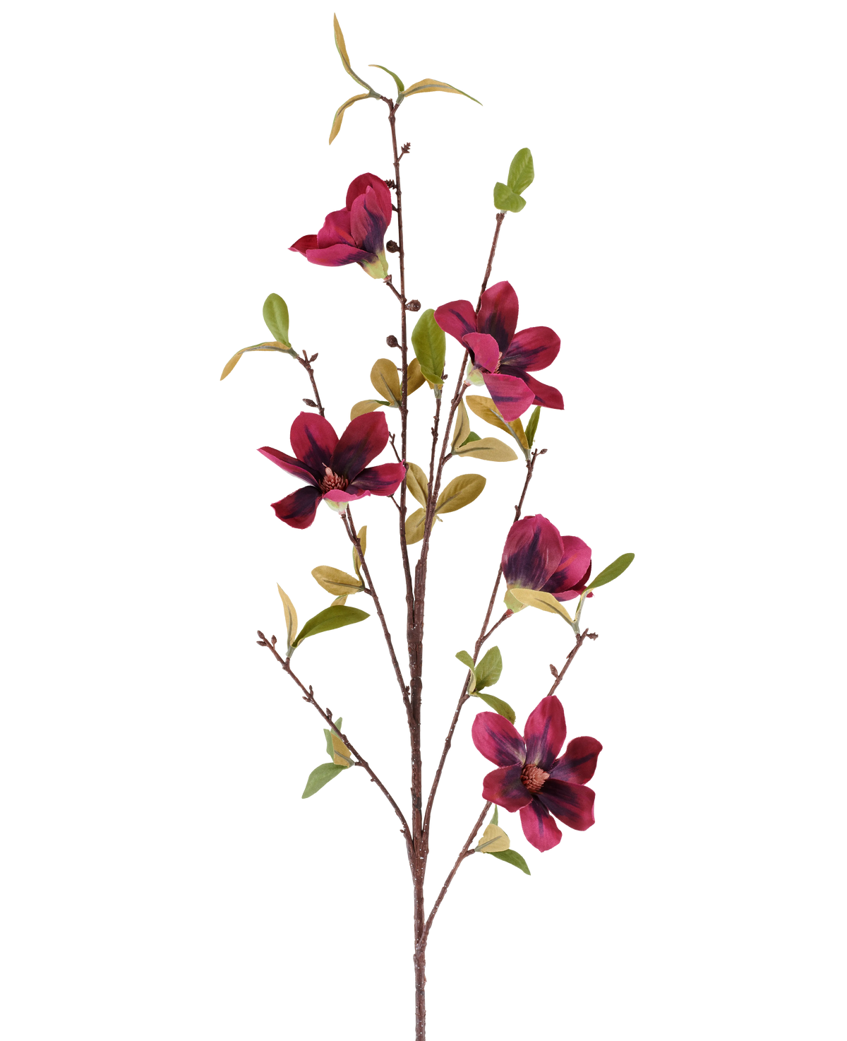 Een enkele kunstbloem Magnolia 94 cm, bordeauxrode kunsttak met vijf dieprode bloemen en groene bladeren, gepresenteerd tegen een effen witte achtergrond.