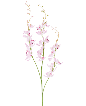 Twee groene stelen met vertakte trossen van delicate, lichtpaarse cymbidium-orchideebloemen en kleine knoppen aan dunne, gebogen takjes, afgebeeld tegen een effen witte achtergrond. Het afgebeelde product is de Kunstbloem Cymbidium 95 cm paars.