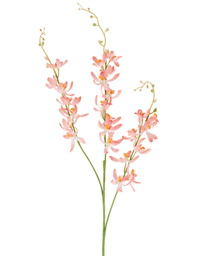 Drie lange groene stelen van de Kunstbloem Cymbidium 95 cm perzik, met trossen delicate perzikkleurige orchideebloemen en kleine gele knoppen, tegen een effen witte achtergrond.