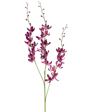 Drie lange stelen van de Kunstbloem Cymbidium van 95 cm in levendig paars, met kleine groene knoppen, tegen een effen witte achtergrond.