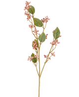 Een enkele stengel van de Kunstbloem Dewberry, 78 cm hoog in oudroze, met groene blaadjes en trossen kleine, ronde, roze bessen aan slanke bruine steeltjes, afgebeeld tegen een effen witte achtergrond.