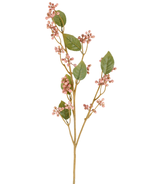 Een enkele stengel van de Kunstbloem Dewberry, 78 cm hoog in oudroze, met groene blaadjes en trossen kleine, ronde, roze bessen aan slanke bruine steeltjes, afgebeeld tegen een effen witte achtergrond.