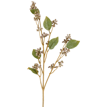 Een enkele stengel van de Kunstbloem Dewberry, 78 cm hoog, met verschillende groene bladeren en trossen kleine, ronde beige bessen aan dunne bruine takjes in grijze en paarse tinten, tegen een witte achtergrond.