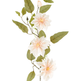 Een gedetailleerde Kunstbloem Clematis van 81 cm in de kleur ‘oud crème’ bestaat uit drie lichtroze bloemen, diverse groene bladeren en enkele knoppen, tegen een effen witte achtergrond.