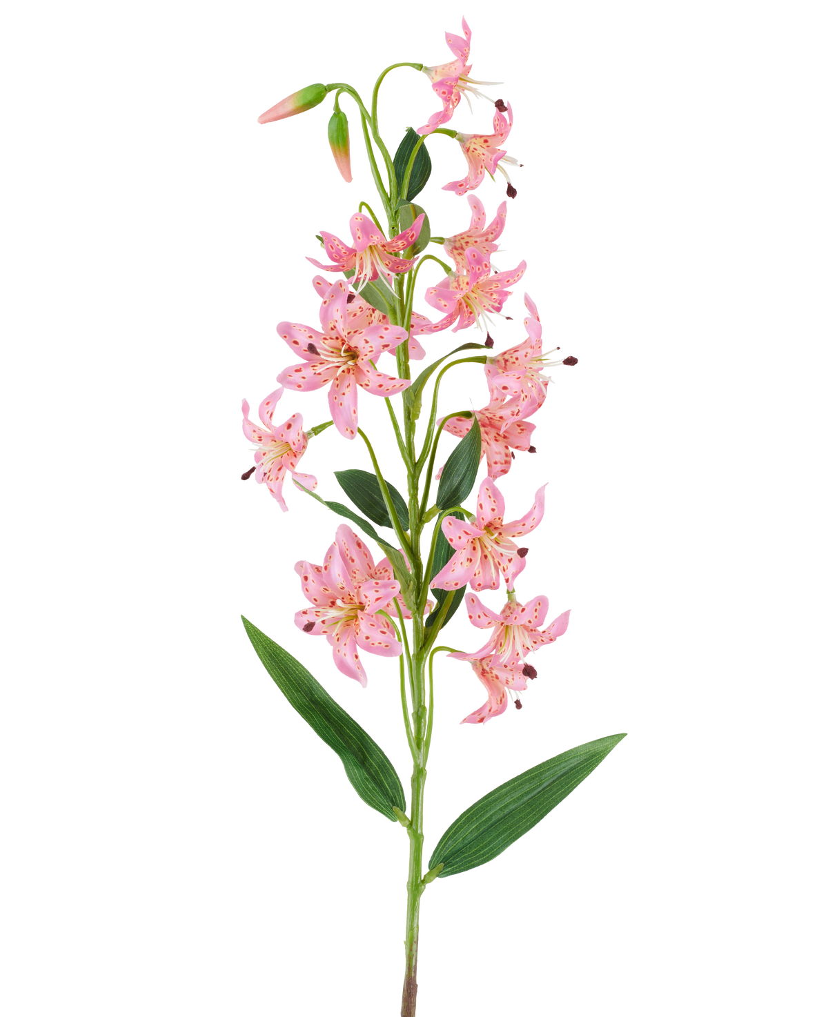 Een enkele steel van de Kunstbloem Lelie 82 cm fuchsia, met levendige fuchsia-kleurige leliebloemen met donkere vlekjes, groene bladeren en knoppen tegen een witte achtergrond.