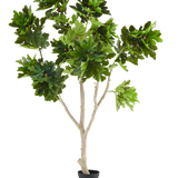 De Kunstplant Ficus Carica vijgenboom 250 cm is een kunstvijgenboom in een pot met meerdere lichtbruine takken en trossen grote, groene, gelobde bladeren, gepresenteerd tegen een effen witte achtergrond.
