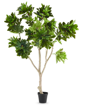 De Kunstplant Ficus Carica vijgenboom 250 cm is een kunstvijgenboom in een pot met meerdere lichtbruine takken en trossen grote, groene, gelobde bladeren, gepresenteerd tegen een effen witte achtergrond.