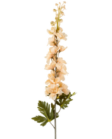 Een enkele stengel Kunstbloem Delphinium 79 cm crème/bruin, met meerdere crèmekleurige en bruine bloesems en groene bladeren, afgebeeld tegen een witte achtergrond.
