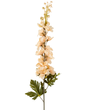 Een enkele stengel Kunstbloem Delphinium 79 cm crème/bruin, met meerdere crèmekleurige en bruine bloesems en groene bladeren, afgebeeld tegen een witte achtergrond.