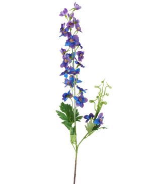 Een enkele hoge Kunstbloem Delphinium van 79 cm met een paarse steel, voorzien van kleine, levendige paarse en blauwe bloemen en groene bladeren tegen een effen witte achtergrond.