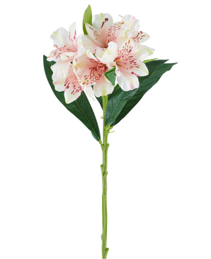 Een enkele stengel van de Kunstbloem Alstroemeria 74 cm lichtroze met groene bladeren en drie lichtroze bloemen met donkerroze spikkels, tegen een witte achtergrond.