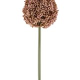 Een enkele Kunstbloem Allium van 75 cm in mauve, met een lange groene steel en een grote, ronde tros van kleine mauve knoppen, afgeschilderd op een witte achtergrond.