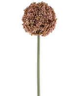 Een enkele Kunstbloem Allium van 75 cm in mauve, met een lange groene steel en een grote, ronde tros van kleine mauve knoppen, afgeschilderd op een witte achtergrond.