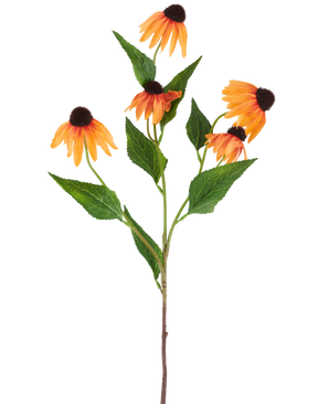 Een enkele Kunstbloem Echinacea van 75 cm, oranje, met vijf levendig oranje zonnehoedjes, elk met een donkerbruin hart en omgeven door groene bladeren, tegen een effen witte achtergrond.