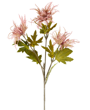 Een enkele stengel van Kunstbloem Armeria maritima, 67 cm oudroze, met meerdere groene blaadjes en drie puntige, oudroze bloemen, afgebeeld tegen een effen witte achtergrond.