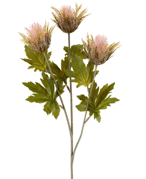 Kunstbloem Distel 67 cm oudroze bestaat uit drie roze en goudkleurige, stekelige kunstdistelbloemen met groene bladeren aan grijze stelen, afgebeeld tegen een witte achtergrond.