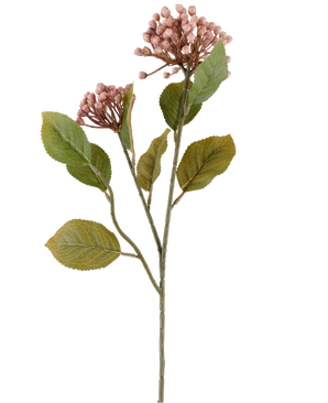 Kunstbloem Hortensia 55 cm mauve, met trossen kleine, mauve knoppen en groene bladeren aan lange, slanke bruingroene stelen, afgebeeld op een witte achtergrond.