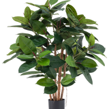 De Kunstplant Rubber deluxe 90 cm heeft meerdere houten stelen en grote, glanzend groene bladeren in een zwarte pot - ideaal om levensechte elegantie toe te voegen aan elke ruimte.