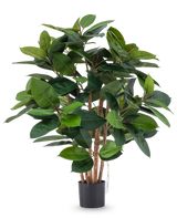 De Kunstplant Rubber deluxe 90 cm heeft meerdere houten stelen en grote, glanzend groene bladeren in een zwarte pot - ideaal om levensechte elegantie toe te voegen aan elke ruimte.