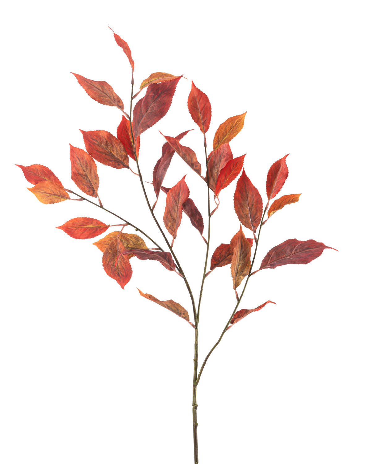 Het Kunstbloem Iepblad 113 cm rood heeft meerdere dunne stelen met levendige rode en oranje herfstbladeren, geïsoleerd op een witte achtergrond.
