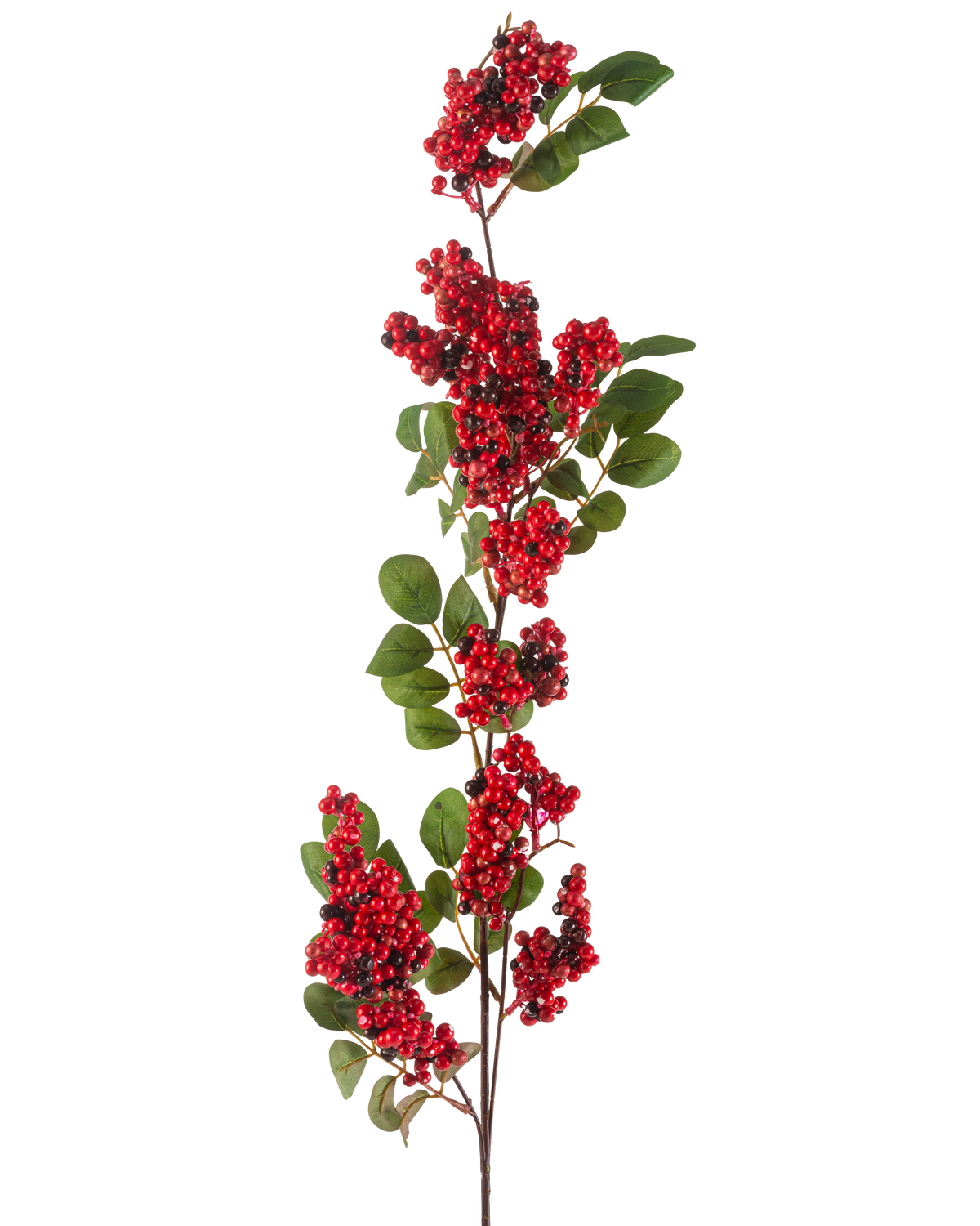 De Kunstbloem Bessen 104 cm rood heeft een enkele tak met clusters van kleine, helderrode bessen en groene bladeren tegen een witte achtergrond.