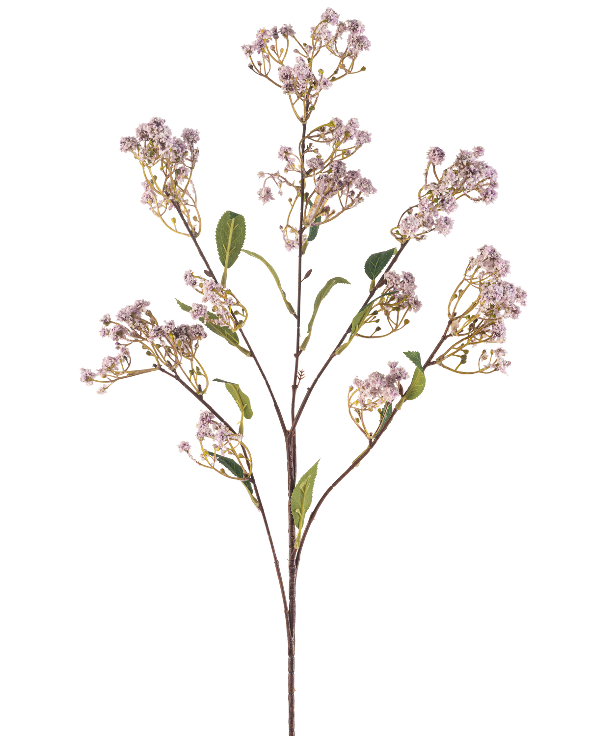 De Kunstbloem Gipskruid 89 cm lila heeft één lange steel met meerdere takken, elk versierd met trosjes kleine, lichtpaarse bloemen en een paar groene bladeren, tegen een effen witte achtergrond.