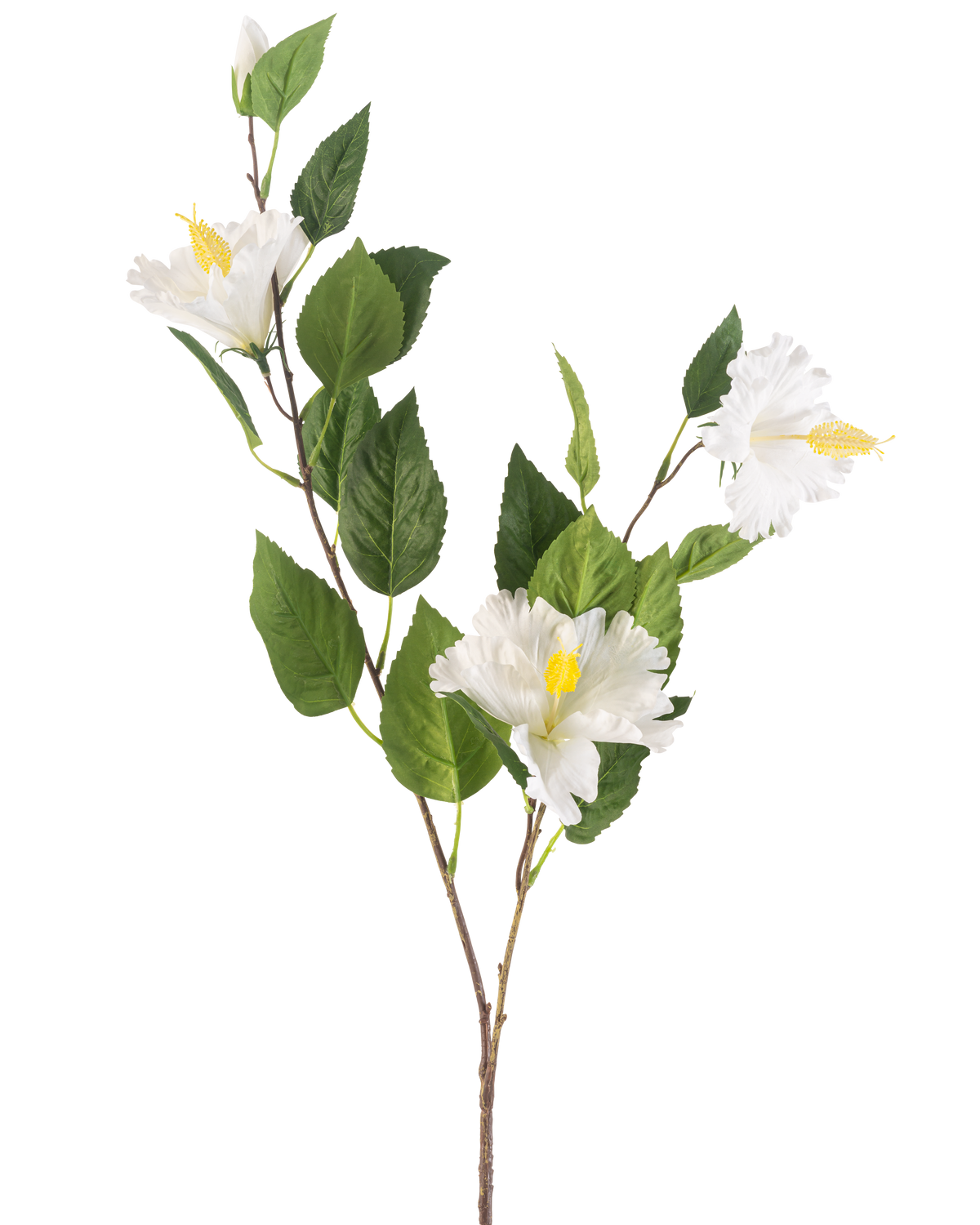 De Kunstbloem Hibiscus 89 cm crème heeft een tak met groene bladeren en drie crèmekleurige hibiscusbloemen met gele meeldraden tegen een effen witte achtergrond.