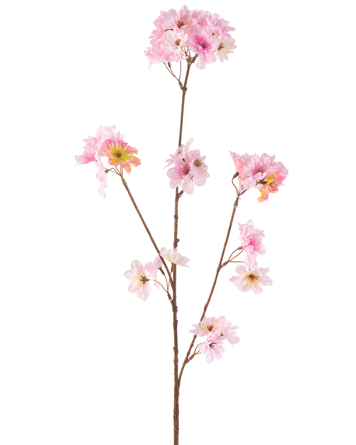 De Kunstbloem Kersenbloesem 85 cm roze heeft een enkele bruine steel met meerdere takken, elk versierd met trosjes delicate lichtroze kunstkersenbloesem bloemen, tegen een effen witte achtergrond.