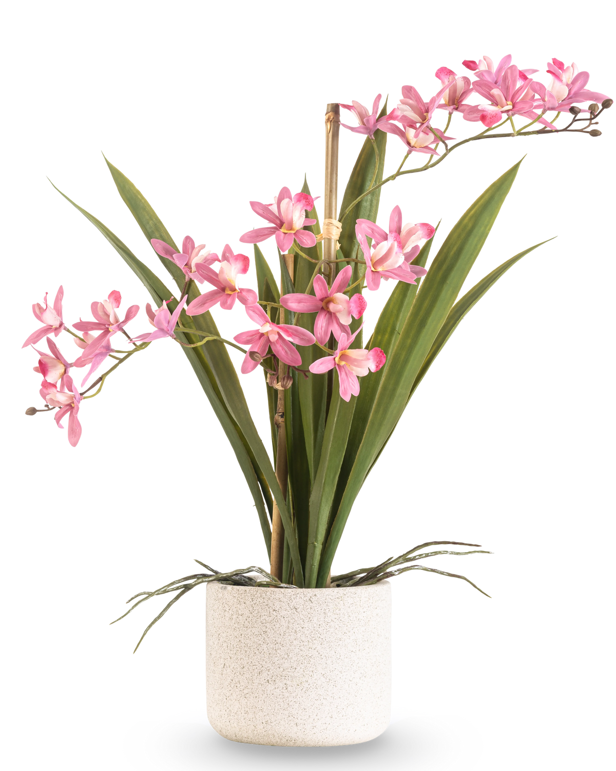 De Kunstplant Mini Cymbidium Real Touch 45 cm roze heeft lange groene bladeren en verschillende roze bloemstelen, gerangschikt in een eenvoudige pot met witte textuur en tegen een effen achtergrond.