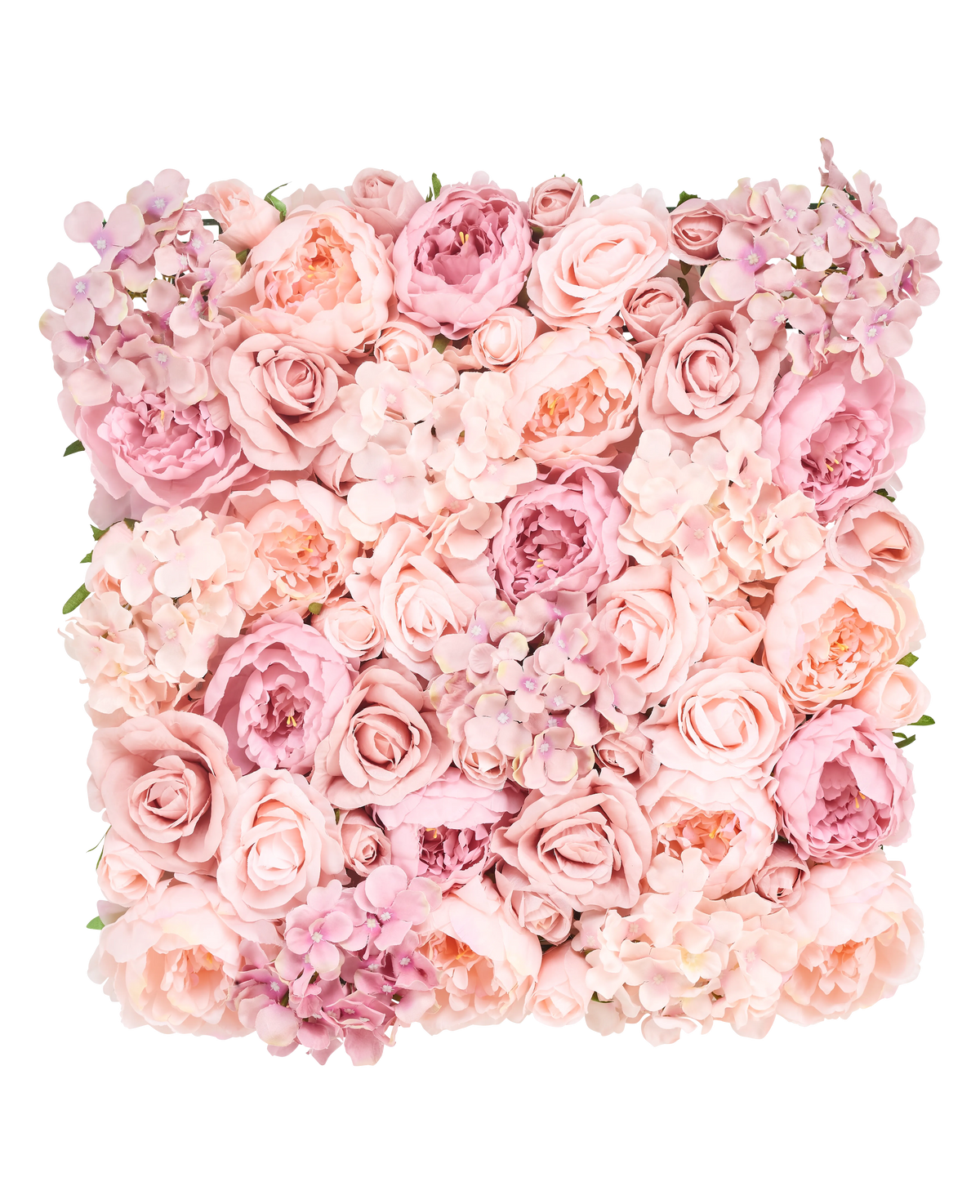De Kunsthaag Bloemen 50x50 cm heeft een vierkant display van roze en blush rozen, pioenrozen en hortensia's dicht op elkaar voor een zachte, elegante uitstraling tegen een witte achtergrond.