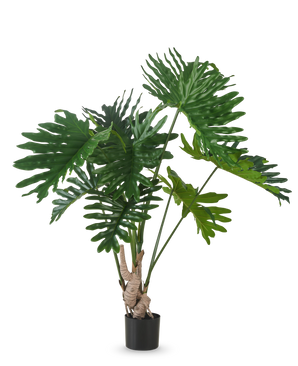 De Kunstplant Philodendron 150 cm heeft grote, glanzende, diep gelobde groene bladeren aan lange stengels, tegen een effen witte achtergrond.