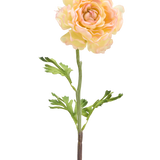 Een Kunstbloem Ranonkel 51 cm licht wit: een enkele bleke kunst ranonkelbloem met lichtwitte bloemblaadjes, groene bladeren en een lange steel tegen een witte achtergrond.