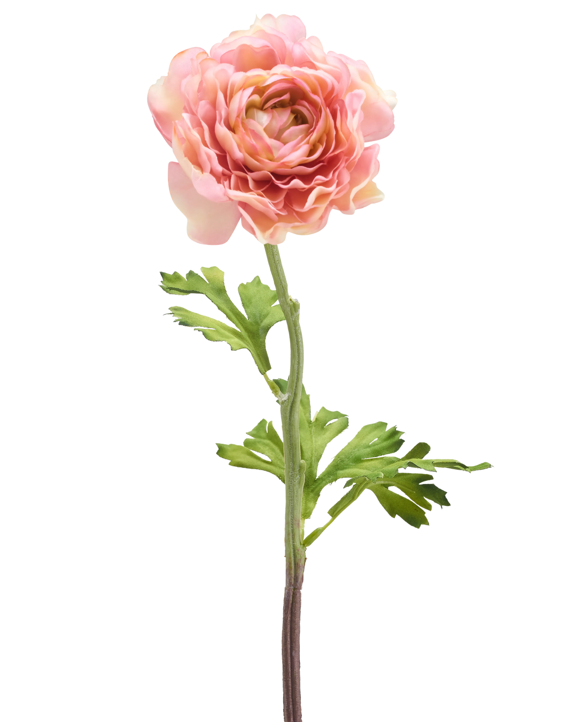 De Kunstbloem Ranonkel 51 cm roze heeft een enkele roze ranonkel met gelaagde bloemblaadjes en groene bladeren op een lange steel, geïsoleerd tegen een witte achtergrond.