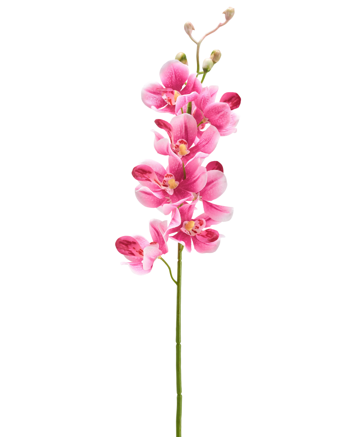 Een Kunstbloem Orchidee 55 cm mauve met verschillende levendige mauve-roze bloemen en knoppen staat tegen een effen witte achtergrond.
