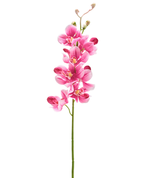 Een Kunstbloem Orchidee 55 cm mauve met verschillende levendige mauve-roze bloemen en knoppen staat tegen een effen witte achtergrond.