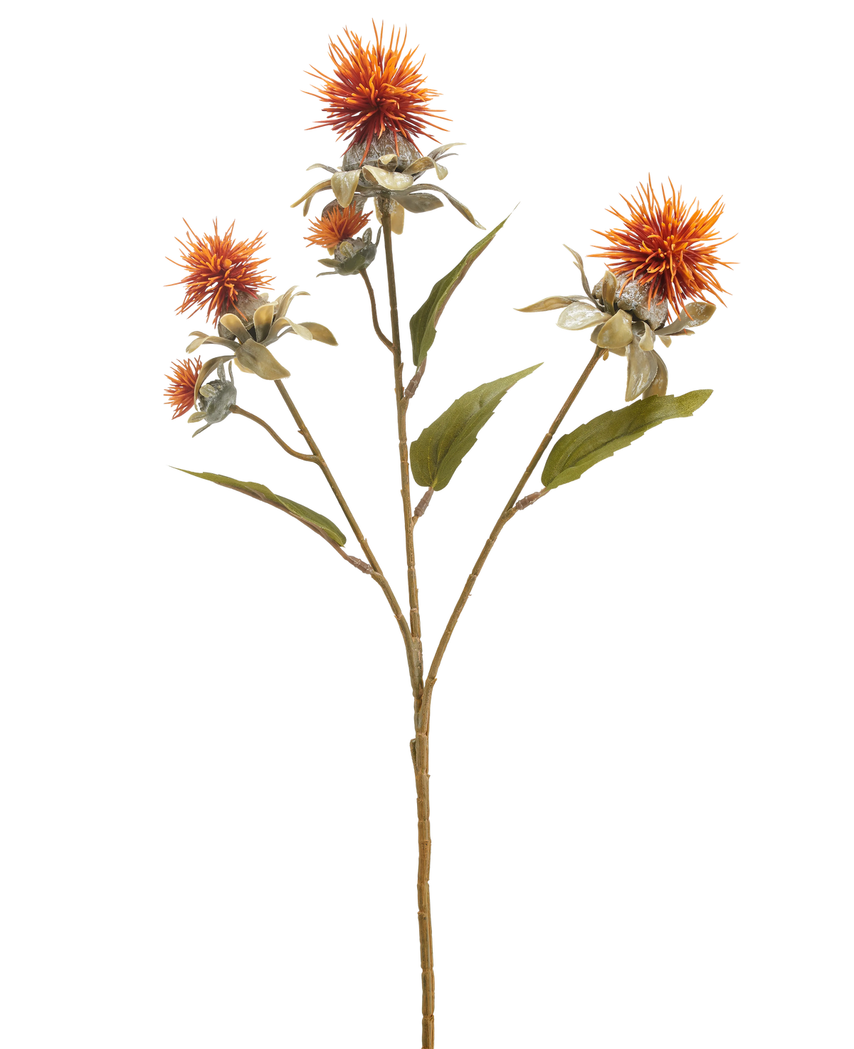 De Kunstbloem Saffloer 57 cm oud oranje heeft een enkele steel met drie stekelige, distelachtige oranje bloemen en verschillende groene bladeren, geïsoleerd op een witte achtergrond.