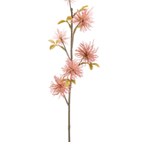 De Kunstbloem Xanthium 53 cm oud roze heeft een lange, slanke steel met piekerige roze kunstbloemen en groengele bladeren tegen een effen witte achtergrond.