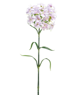 Een enkele lange groene stengel met slanke bladeren en een tros fuchsia bloemen met franjes bovenaan, Kunstbloem Paardenbloem 63 cm, tegen een effen witte achtergrond.