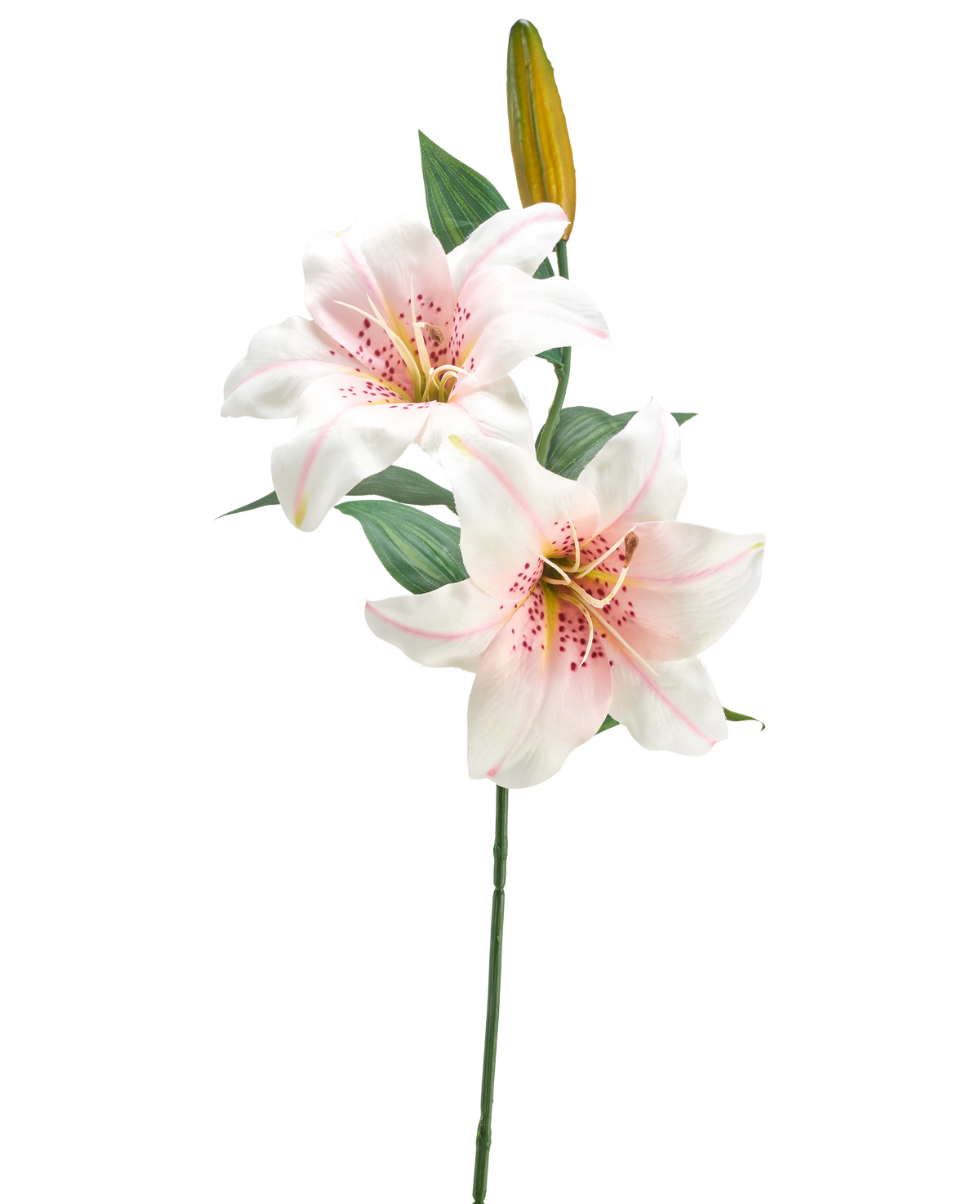 De Kunstbloem Lelie 66 cm wit/roze heeft een enkele steel met twee open witte en roze lelies, een gesloten gele knop en groene bladeren, tegen een effen witte achtergrond.