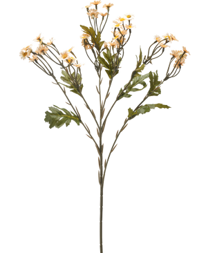 De Kunstbloem Mini Daisy 61 cm creme is een enkele kunstbloemenstengel met meerdere takken, groene bladeren en kleine crèmekleurige margrietachtige bloemen tegen een effen witte achtergrond.