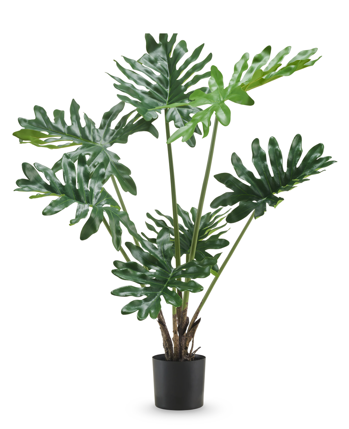 De Kunstplant Philodendron 90 cm heeft grote, glanzende donkergroene gespleten bladeren en meerdere rechtopstaande stelen in een hoge pot, tegen een effen witte achtergrond.