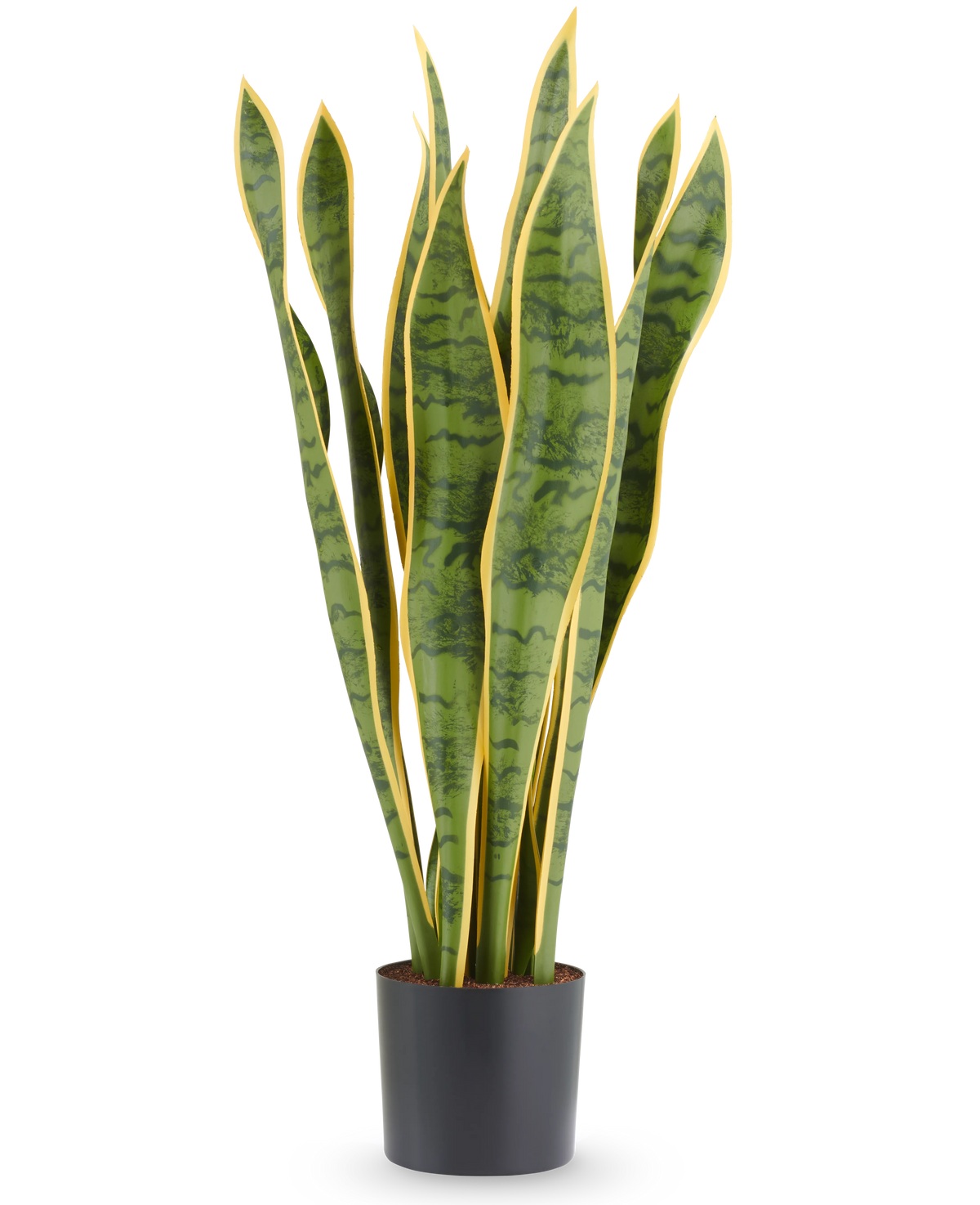 Kunstplant Vrouwentong 70 cm: een kunstmatige sansevieria met lange, bontgroene bladeren en gele randen, geplant in een eenvoudige zwarte pot als onderhoudsvrij accent.