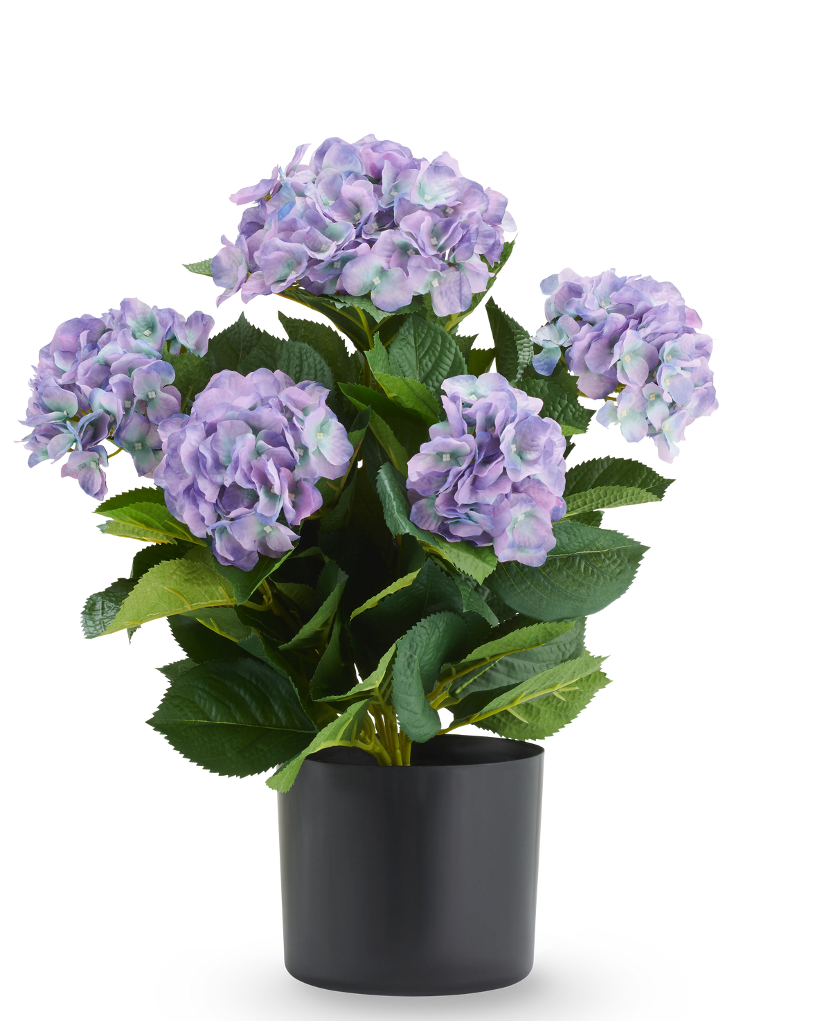 Kunsthortensia UV 50 cm paars/blauw, een UV-bestendige kunsthortensia met paarse en blauwe bloemtrossen in een zwarte pot.